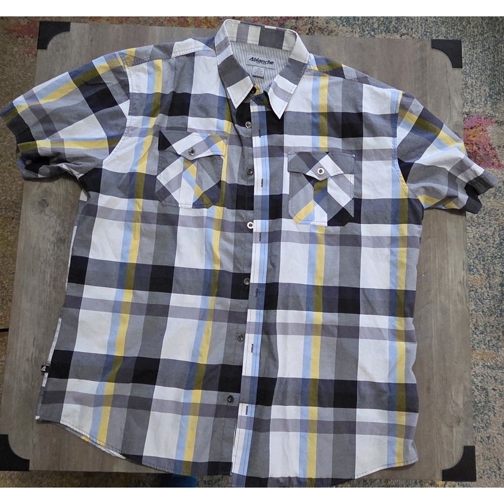 Ablanche White/black/yellow/blue Plaid Button Up Short Sleeve Shirt Mens 4XL